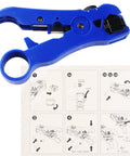Universal Coax And Cat5 Cat6 Stripping Tool For RG59 RG6 RG7 RG11 Reversible with adjustable blade, blue tool with instructions