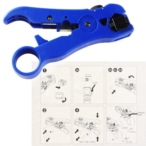 Universal Coax And Cat5 Cat6 Stripping Tool For RG59 RG6 RG7 RG11 Reversible with adjustable blade, blue tool with instructions