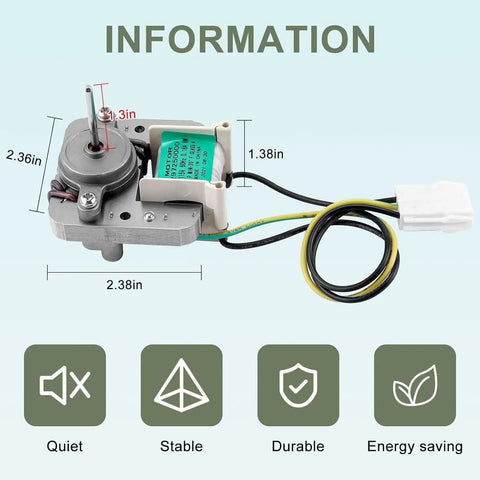 Refrigerator Evaporator Fan Motor Plug And Play Drop In Replacement with wire harness, dimensions labeled, easy install.
