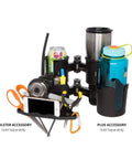 Heavy Duty Black Portable Clamp On Cup Holder And Versatile Dual Drink Caddy To Lock In Two Beverages including a can and a water bottle.