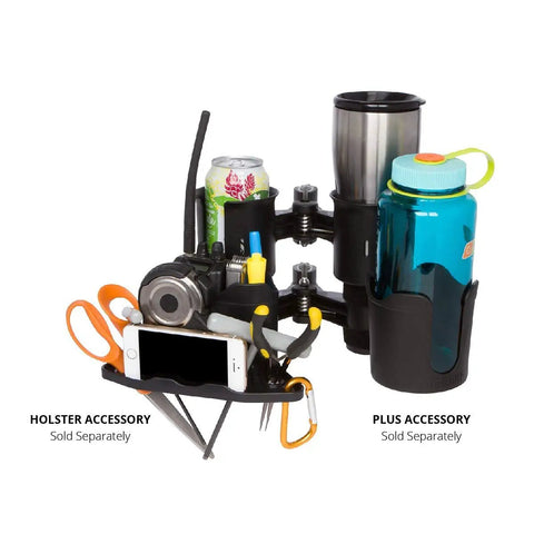 Heavy Duty Black Portable Clamp On Cup Holder And Versatile Dual Drink Caddy To Lock In Two Beverages including a can and a water bottle.