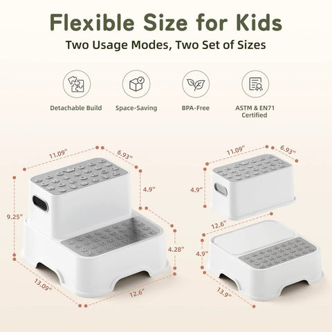 Rock Solid Two Step Stool For Toddlers with detachable build, space-saving design, ideal for bathroom access.