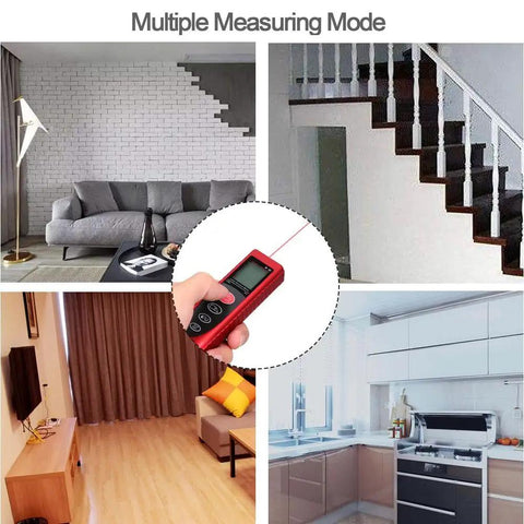 BE-TOOL Laser Measure, Laser Distance Meter (M/in/F), Mute Function Large LCD Backlit in use for measuring distances in various indoor settings.