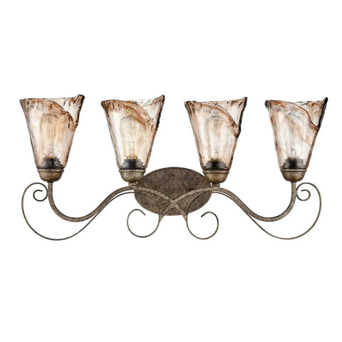 Retro Vintage Four Light Wall Lamp For Bathroom Vanity With Amber Glow Glass Shade Scroll Arm Design In Golden Bronze Finish