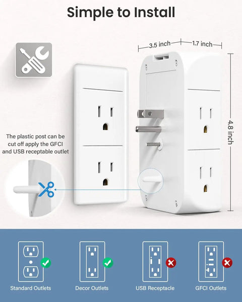 Wall Outlet Extender With Shelf And Night Light Surge Protector And Wall Mount Power Strip showing installation illustration