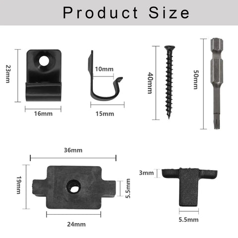 Product size details for Badass Composite Decking Fastener Kit With 100 Nylon Hidden T Clips And 304 Stainless Steel Start Clips.