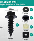 8 Pack Car License Plate Screws Kit With Black Metal Bolts Caps Foam Pads And Anti Rattle Anchors For Frames And Covers On Cars Trucks And SUVs Three Fourths By One Fourth Inch Fasteners For Your Ride detailed view showing screw dimensions and components