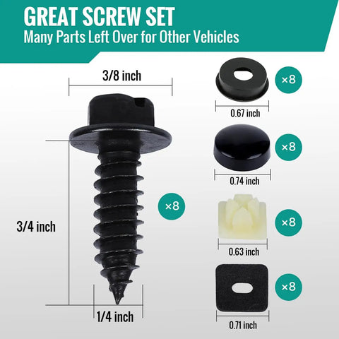 8 Pack Car License Plate Screws Kit With Black Metal Bolts Caps Foam Pads And Anti Rattle Anchors For Frames And Covers On Cars Trucks And SUVs Three Fourths By One Fourth Inch Fasteners For Your Ride detailed view showing screw dimensions and components