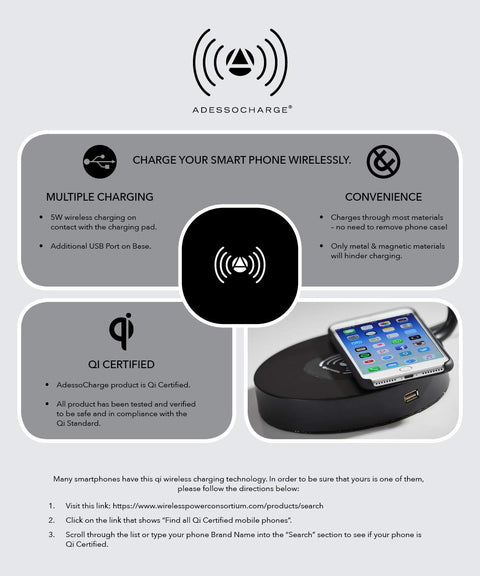 Diagram detailing the Austin Table Lamp With Dope Wireless Charging Pad And USB Port 7W LED Desk Lamp For Home Office Qi Compatible Pad For Fast Phone Charging Brushed Steel Finish Modern Indoor Lighting Lamp features.