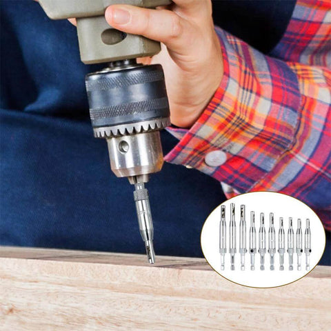 Center drill bit set, 21-piece, mounted on drill; includes hex key, inset shows replacement bits