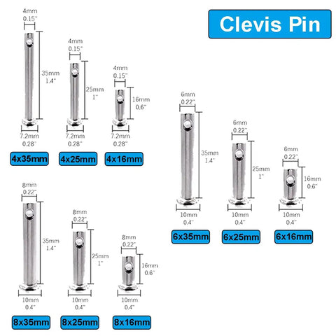 Various clevis pins in 132Pcs 304 Stainless Steel Clevis Pins Cotter Pins R Clips Assortment Kit With 15 Sizes Single Hole Flat Head