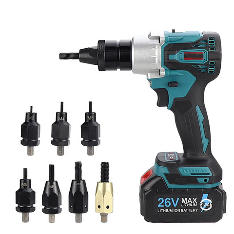 Straight Up Heavy Duty Cordless Rivet Gun Kit Rechargeable Electric Power Tool with multiple rivet nozzles for M3 to M12 sizes.