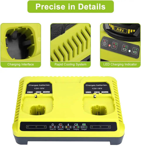 Close-up of Two-Port Dual Chemistry IntelliPort Battery Charger showing details like charging interface and LED indicators