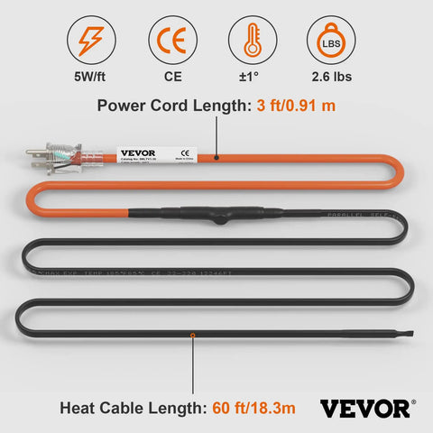 Self Regulating Pipe Heating Cable 60 Feet 5W Per Foot Heat Tape For Freeze Protection Keeps PVC Metal And Plastic Pipes From Freezing 120V Ideal For Outdoor Hoses Basements Valves And Drains