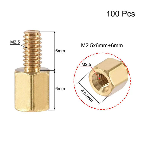 Brass Go-To M2.5x6Mm Plus 6Mm Male-Female Hex PCB Spacers Standoff Set for FPV Drones, Quadcopters, Computers, 100 Pieces displayed.