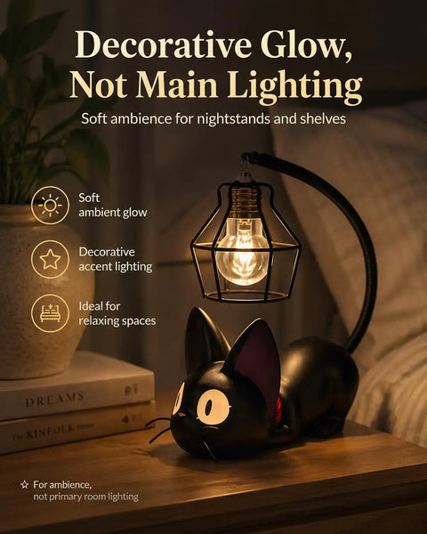 Jiji Black Cat Night Light Inspired by Kiki's Delivery Service with glowing bulb, cozy resin desk lamp for bedrooms, decorative shelf piece.
