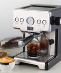 Solid Espresso Coffee Maker For Home Brewers Featuring Precise Pressure Dial auto shut off and built-in frother dispensing espresso.