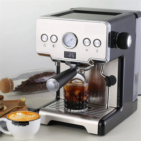 Solid Espresso Coffee Maker For Home Brewers Featuring Precise Pressure Dial auto shut off and built-in frother dispensing espresso.