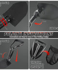 Folding instructions for Lightweight 18.5 Inch Folding Shovel For Camping And Hiking, showing locking collar and storage bag.