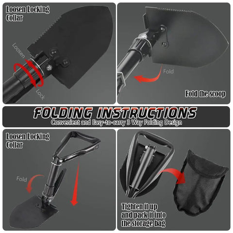 Folding instructions for Lightweight 18.5 Inch Folding Shovel For Camping And Hiking, showing locking collar and storage bag.