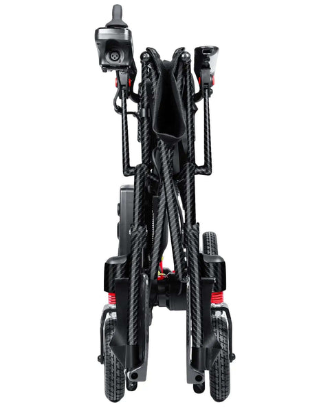 Front view of folded Ultralight Carbon Fiber Electric Wheelchair For Adults And Seniors Foldable Travel Mobility Aid Airline Approved All Terrain Motorized Chair With Twelve Point Four Mile Range.
