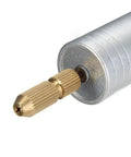 Close-up of Mini Handheld Micro Drill Kit with Aluminum Body 0.7 to 1.2mm Bits, showing detailed aluminum and brass parts.