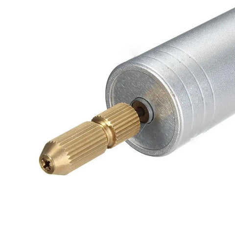 Close-up of Mini Handheld Micro Drill Kit with Aluminum Body 0.7 to 1.2mm Bits, showing detailed aluminum and brass parts.