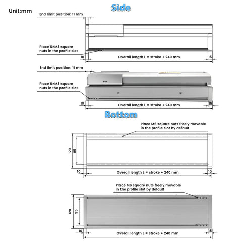 40 Inch Fully Enclosed Linear Rail Slide Table With Protective Cover Dust Proof Shield Double Rail Motion Stage 1000mm Stroke Ball Screw Guide For CNC Woodworking And Metalworking Projects side and bottom dimensions drawing