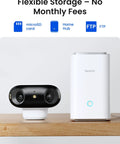 Argus 4 Pro 4K Solar Outdoor Wireless Camera With 180 Degree Dual Lens shown with storage options and white hub device