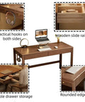 Top Shelf Solid Rubberwood Dual Gaming Desk With Built In Pine Drawers And Ample Knee Room For A Cozy Sit Stand Home Office Setup Right At Your Doorstep, showcasing hooks, wooden slide rails, and drawer storage.