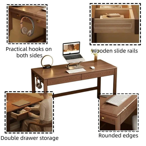 Top Shelf Solid Rubberwood Dual Gaming Desk With Built In Pine Drawers And Ample Knee Room For A Cozy Sit Stand Home Office Setup Right At Your Doorstep, showcasing hooks, wooden slide rails, and drawer storage.