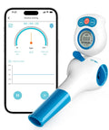 Digital Lung Trainer With App And Bluetooth, 6 Level Inhale Resistance device shown with smartphone displaying app interface