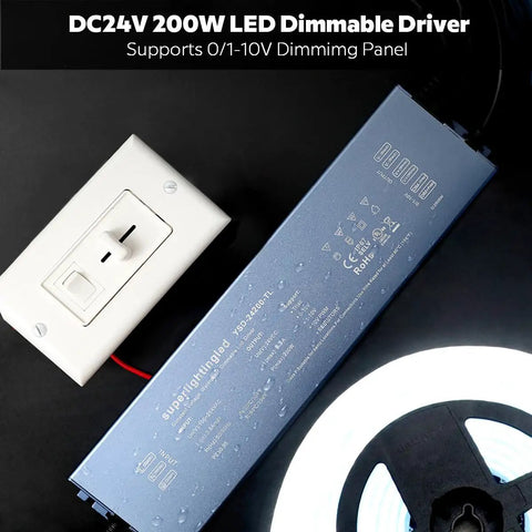 24V 200W UL Listed Dimmable Power Supply With 0 To 10V And Triac Dimming Waterproof IP67 Outdoor LED Driver for IP68 Dimming LED Strip Lights