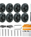 Luggage Wheel Replacement Kit For Suitcases And Travel Bags With 2.11 Inch Double Swivel Wheels and repair tools displayed