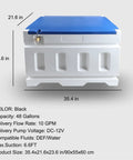No Brainer 12 Volt Diesel Fluid Transfer Pump Kit Pairing 48 Gallon Portable Caddy Tank with blue lid and dimensions 35.4x21.6x23.6 in.
