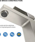 Close-up of Dope Brushed Nickel One Hole Bathroom Faucet Built From Solid Brass With Pop Up Drain Stopper And Flexible Water Supply Hoses CEC And cUPC Certified Lead Free Vanity Faucet For Bathroom Sink, focusing on spout and certification icons.