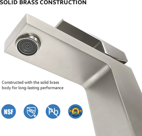 Close-up of Dope Brushed Nickel One Hole Bathroom Faucet Built From Solid Brass With Pop Up Drain Stopper And Flexible Water Supply Hoses CEC And cUPC Certified Lead Free Vanity Faucet For Bathroom Sink, focusing on spout and certification icons.