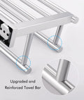 Close-up of Two Towel Rack With Dual Bars And A 20 Inch Shelf For Bathroom Wall Mount In Rustproof SUS304 Stainless Steel Brushed Finish.