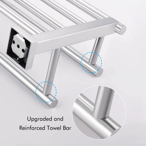 Close-up of Two Towel Rack With Dual Bars And A 20 Inch Shelf For Bathroom Wall Mount In Rustproof SUS304 Stainless Steel Brushed Finish.