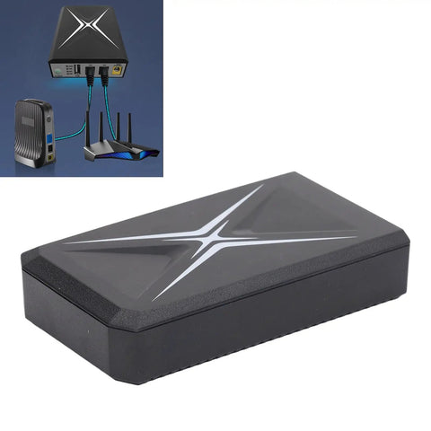 10400mAh Mini UPS Battery Backup with dual inputs for security cameras, routers, black box design, supports 9V and 12V DC power.