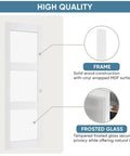 Sliding Closet Door Set 72 Inch High By 80 Inch Wide Double 37 Inch Panels With Three Lite Frosted Glass Bypass Design Includes Hardware Kit And Matching Fascia Pre Drilled Solid Wood Slab With Waterproof PVC Surface Easy Installation White, showing frame and glass material features
