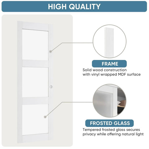 Sliding Closet Door Set 72 Inch High By 80 Inch Wide Double 37 Inch Panels With Three Lite Frosted Glass Bypass Design Includes Hardware Kit And Matching Fascia Pre Drilled Solid Wood Slab With Waterproof PVC Surface Easy Installation White, showing frame and glass material features
