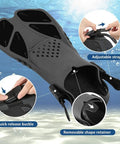 Open Heel Snorkel Fins With Adjustable Buckles For Easy On Off Travel Size Short Flippers showing quick release buckle and shape retainer.