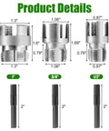 Dimensions of Dual Action PVC Pipe Threading Tool Kit with internal and external threads for 1/2, 3/4, and 1 inch PVC pipes.