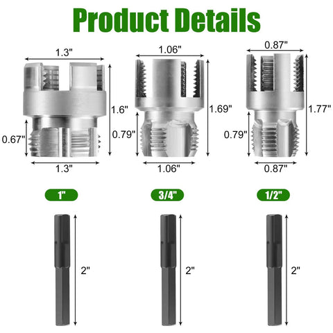 Dimensions of Dual Action PVC Pipe Threading Tool Kit with internal and external threads for 1/2, 3/4, and 1 inch PVC pipes.