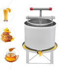 Manual Honey Press Extractor For Beeswax And Honeycomb Drums Stainless Steel Kitchen Tool With 532.6 Oz Capacity shown with juice, honeycomb, and honey