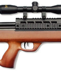 PCP 3500 PSI Air Rifle With CMB 4x32 Scope 12-Round Magazine side view, wood stock, and black metal barrel for precision shooting.