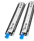 Top Shelf Full Extension Ball Bearing Drawer Slides Pair 58 Inch side mount with blue handles for heavy-duty use.