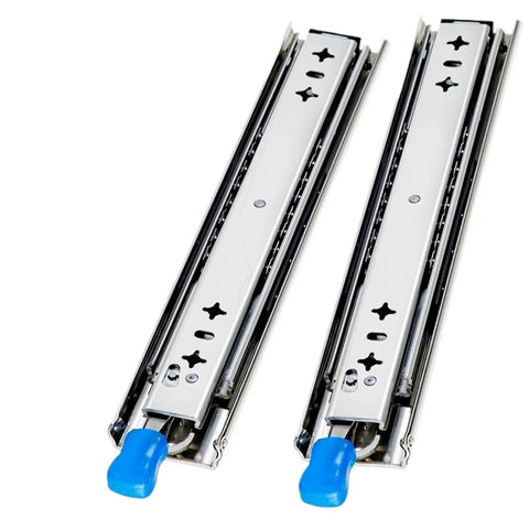 Top Shelf Full Extension Ball Bearing Drawer Slides Pair 58 Inch side mount with blue handles for heavy-duty use.