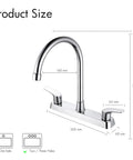 Heavy Duty Two Handle Kitchen Sink Faucet Slick Chrome Finish 360 Swivel High Arch Design dimensions shown in product size diagram.